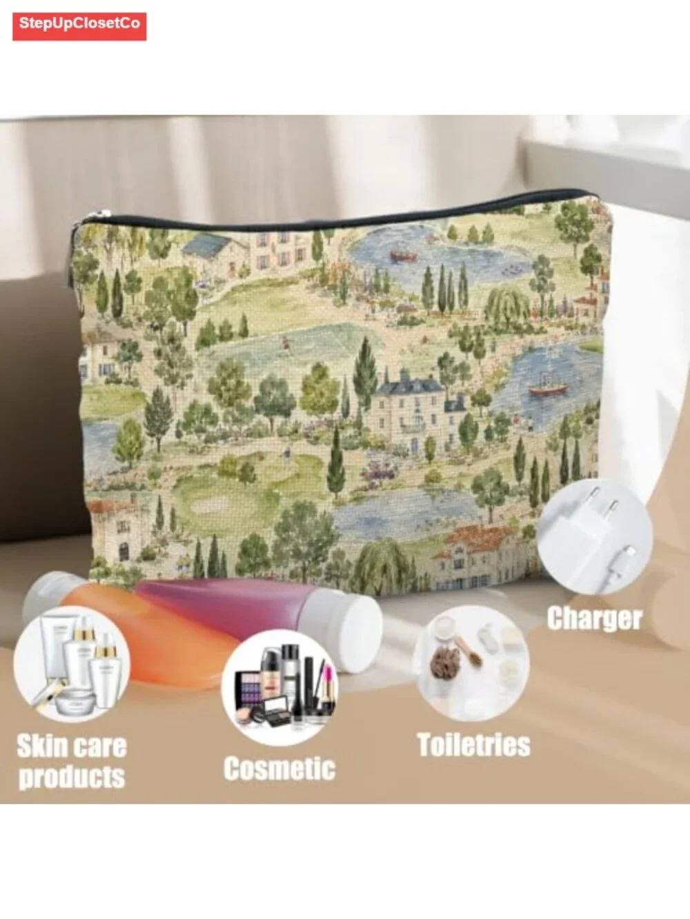 Vintage Garden Linen Cosmetic Bag Makeup Toiletry Travel Pouch Zipper